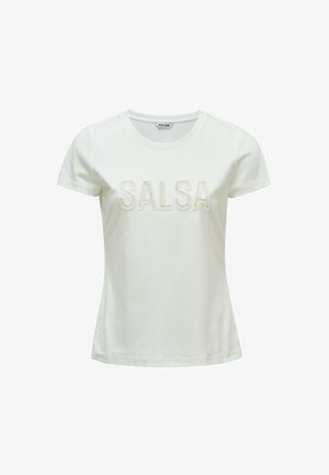 T-shirt blanc à manches courtes avec col rond et texte "SALSA" orné de petites perles sur la poitrine.