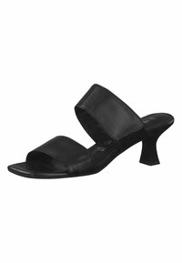 Black leather high-heeled sandals featuring two wide straps, an open toe, and a sculpted heel for a modern design.