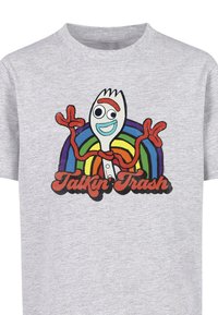 Grijze katoenen T-shirt met een kleurrafische afbeelding van een lachende vork met armen, omringd door een regenboog en de tekst "Praat over Afval."