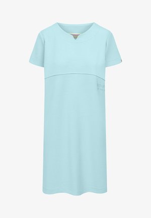 Jasnoniebieska sukienka z krótkim rękawem, do kolan, z dekoltem w kształcie litery V i subtelnym przeszyciem na wysokości klatki piersiowej.