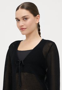 Black knitted cover-up featuring a V-neck, tie closure at the waist, and sheer texture. Worn over a black tank top.