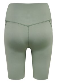 Knie-lange, strakke shorts in lichtgroen, gemaakt van gladde, rekbare stof. Voorzien van een hoge tailleband en naden voor vorm en ondersteuning.