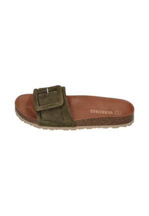 Olive green suede slide sandal with large square buckle, brown contoured footbed, cork midsole, and rubber outsole, labeled "VERBENAS."