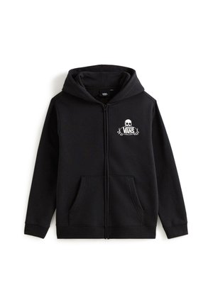 Felpa nera con zip realizzata in morbido misto cotone. Presenta un logo frontale con un teschio, tasche a marsupio e un cappuccio ampio.