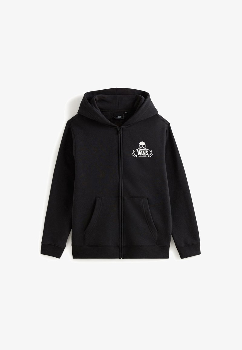 Felpa nera con zip realizzata in morbido misto cotone. Presenta un logo frontale con un teschio, tasche a marsupio e un cappuccio ampio.