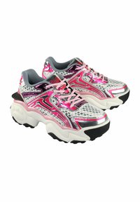 Silver sneakers with pink accents, mesh upper, thick white sole, grey padded collar, and pink laces featuring a distinctive logo.
