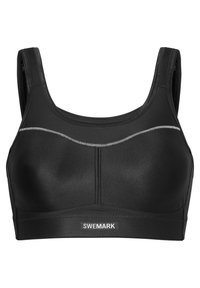 Zwarte sportbeha van glad synthetisch materiaal, met een ronde halslijn, brede banden en contrasterende stikdetails.