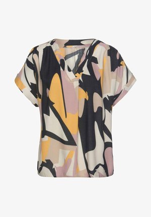 Blusa de manga corta y escote en V con un estampado abstracto multicolor en negro, beige y tonos pastel. Tejido ligero con un corte relajado.