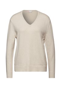 Beige V-ringad tröja, lång ärm, tillverkad av mjukt material, ribbad fåll och ärmslut, enkel design, inga mönster eller ytterligare detaljer.