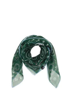 Green paisley-patterned square scarf folded into a triangular shape with light blue edging and a small black brand tag.