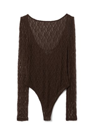 Braunes Spitzen-Body mit langen Ärmeln, ausgestattet mit einem runden Ausschnitt und einem figurbetonten Unterteil mit Druckknopfverschluss. Ganzflächiges, strukturiertes Muster.