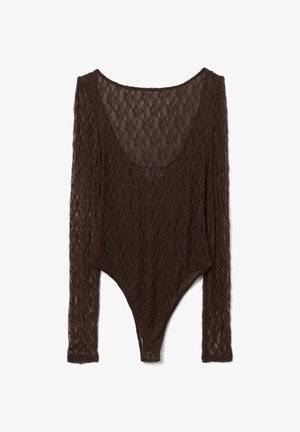 Braunes Spitzen-Body mit langen Ärmeln, ausgestattet mit einem runden Ausschnitt und einem figurbetonten Unterteil mit Druckknopfverschluss. Ganzflächiges, strukturiertes Muster.