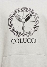 Sivá mikina s kapucňou, ktorá má veľký čierny grafický design okrídleného figúry obkoleseného podrobným rámom, s textom "COLUCCI" pod ním.