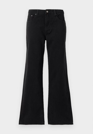 Black high-waist denim jeans with five pockets and flared legs, displayed on a white background.