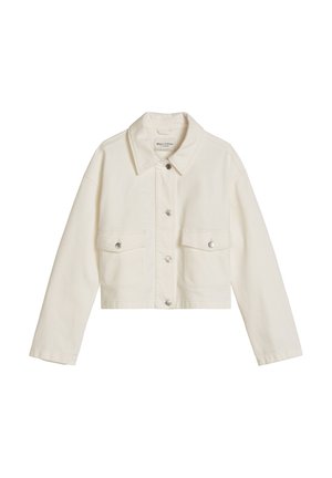 Roomkleurig cropped jack met lange mouwen, knoopsluiting aan de voorkant, twee borstklepzakken en een klassieke kraag.