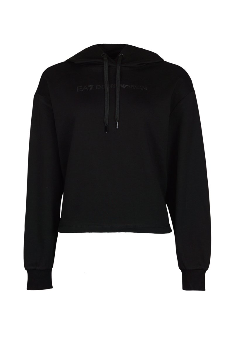 Sudadera corta negra de tejido suave. Presenta una capucha con cordón, mangas largas y un logo grabado sutil en el pecho. Textura suave.