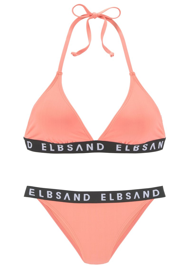 Korallenfarbener Bikini mit einem triangelförmigen Oberteil mit verstellbaren Bindebändern und einem schwarzen elastischen Bund mit dem "ELBSAND"-Logo; passender Unterteil in Koralle.