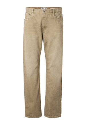 Pantalon beige droit en velours côtelé avec poches avant, passants de ceinture, fermeture par bouton et étiquette de la marque Replay à l’intérieur de la ceinture.