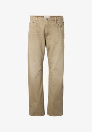 Pantalon beige droit en velours côtelé avec poches avant, passants de ceinture, fermeture par bouton et étiquette de la marque Replay à l’intérieur de la ceinture.
