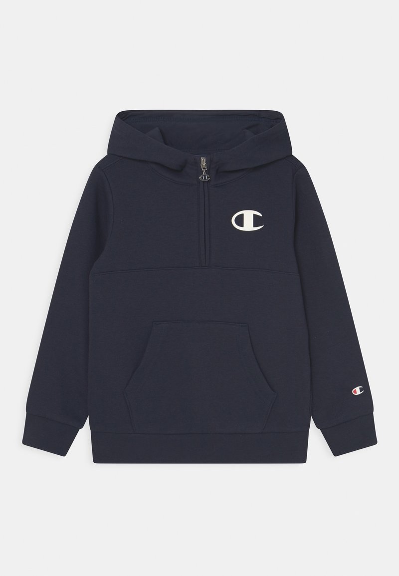 Navy blue half-zip hoodie with front kangaroo pocket, long sleeves, hood, and white Champion "C" logos on chest and left sleeve.