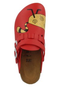 Red clogs with a yellow cartoon bee design, featuring black stripes and swirls. Includes two adjustable silver buckles. Cork insole.
