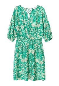 Robe verte longueur genou avec motif floral blanc, encolure en V avec détail à lacets, taille élastique et manches bouffantes 3/4 avec poignets élastiques.