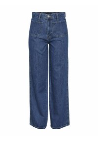 Pantaloni wide-leg in denim blu con vita alta, tasche frontali e dettagli di cucitura visibili. Il tessuto ha un aspetto classico, leggermente sbiadito.