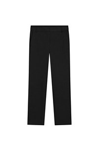 Schwarze Hose mit geradem Bein, aus glattem Stoff, mit zwei Seitentaschen und einem taillierten Bund.