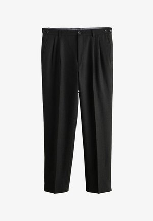 Sorte plisserede bukser med en glat tekstur, der har en linning med to knaplukninger og et løstsiddende, lige ben design.