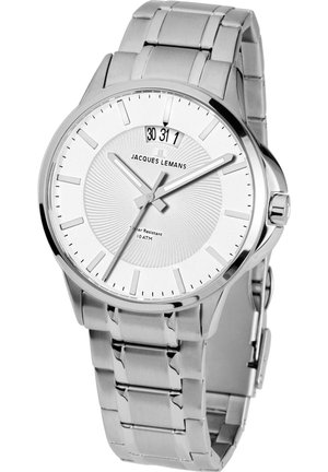 Montre en acier inoxydable argenté avec un cadran rond blanc, des index horaires linéaires, un affichage de la date et un fond texturé ; étanche jusqu'à 10 ATM.