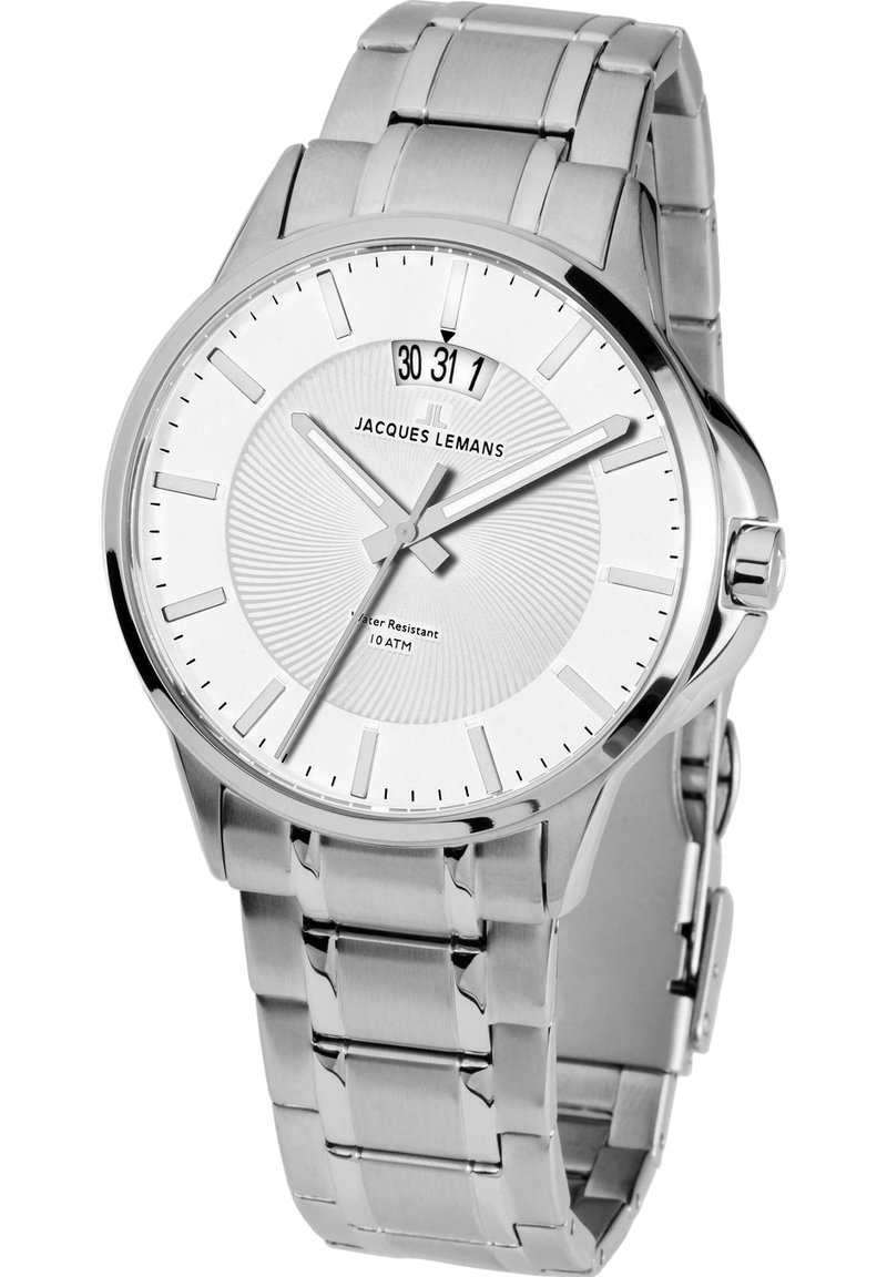 Reloj de acero inoxidable plateado con un dial blanco redondo, marcadores de hora lineales, indicador de fecha y un fondo texturizado; resistente al agua hasta 10 ATM.