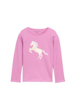 Langarm-pinkes Hemd aus Baumwolle mit einem Pailletten-Einhorn-Motiv in Weiß und pastellfarbener Mähne und Schwanz. Runder Ausschnitt, lässige Passform.