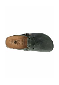 Green leather clog with a rounded toe and adjustable strap. Inside features a cushioned footbed and embossed branding. Smooth texture.