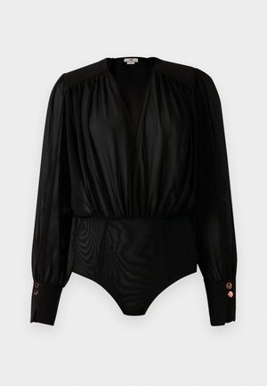 Black long-sleeve bodysuit with gathered deep V-neck, puffed shoulders, wide cuffs with three metallic buttons, and fitted bottom section.