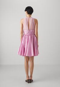 Robe rose avec un corsage ajusté, taille froncée et jupe évasée. Détail transparent dans le dos, longueur genoux et texture lisse. Chaussures à talons bruns.