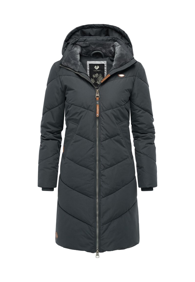 Svart vadderad jacka med huva, med sicksack-quiltning, hel dragkedja framtill och bruna läderdetaljer. Fodrad med fleece för värme.