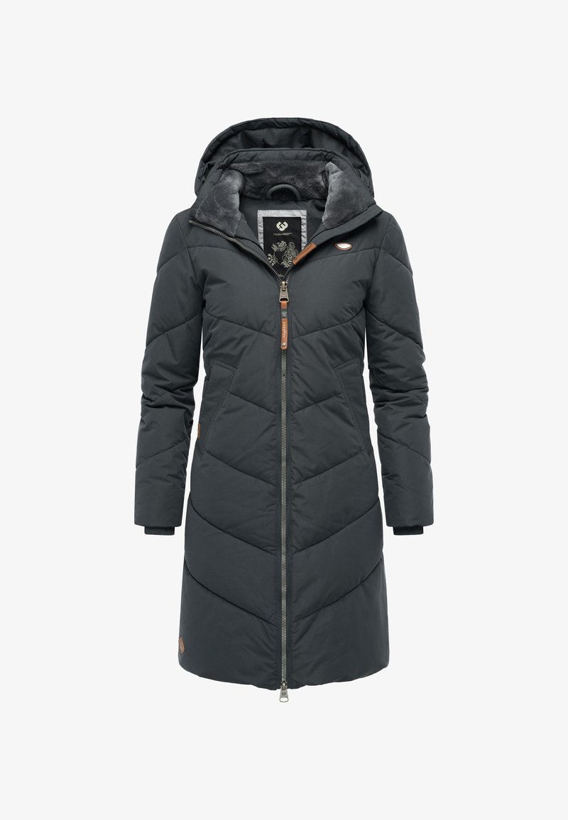 Svart vadderad jacka med huva, med sicksack-quiltning, hel dragkedja framtill och bruna läderdetaljer. Fodrad med fleece för värme.