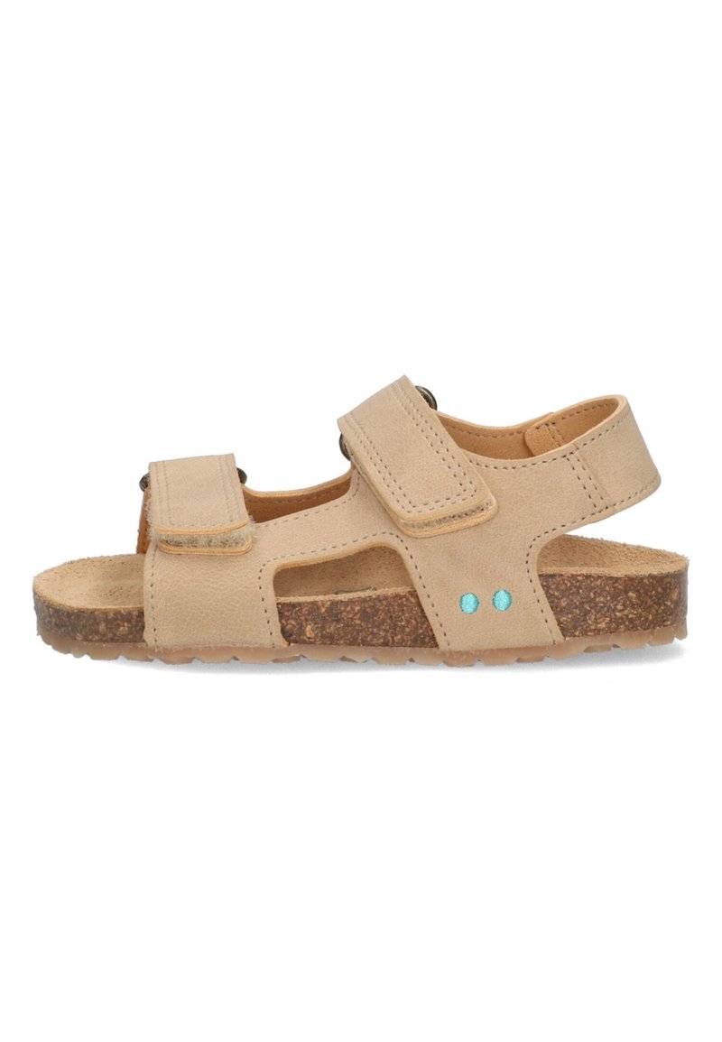 Beige leren sandalen met twee verstelbare klittenbandsluitingen, open ontwerp, gestructureerde kurken voetbed en turquoise accent stippen.