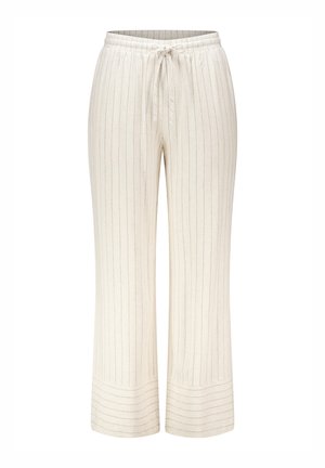 Licht beige wijdgelegde broek met subtiele verticale strepen, voorzien van een elastische tailleband, trekkoord en een gemêleerde stof.
