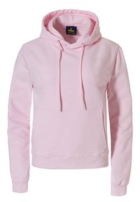 Lichtroze hoodie met een trekkoord, kangoeroezak en subtiele reliëfontwerp op de borst. Gemaakt van zachte katoen.