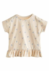 Korte mouwen, lichtbeige katoenen t-shirt met blauwe kersenprint en een gerimpelde zoom bij de taille, voorzien van een ronde halslijn en drukknoopsluiting.