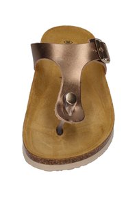 Brown metallic thong sandal with a suede footbed, adjustable buckle, and textured sole. Features a toe post and comfortable cushioning.