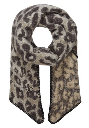 Zachte gebreide sjaal met grijs en beige luipaardprint, zwarte gestikte randen en het "LIU·JO" logo geborduurd in het zwart.