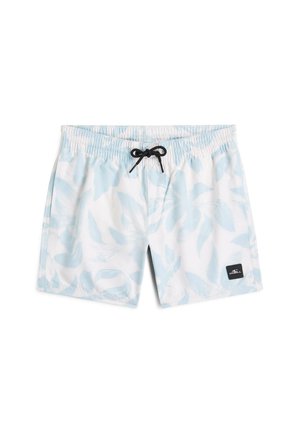 Balti plaukimo šortai su šviesiai mėlynais lapų raštais, juodu raišteliu, elastinga juosmens juosta ir maža juoda O'Neill logotipo aplikacija kairėje kojinėje.