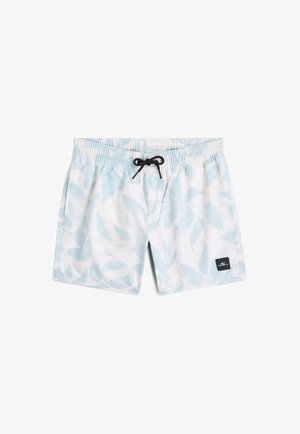 Valkoiset uimashortsit, joissa vaaleansiniset lehtikuvioinnit, musta kiristysnauha, joustava vyötärönauha ja pieni musta O'Neill-logo vasemmassa lahkeessa.