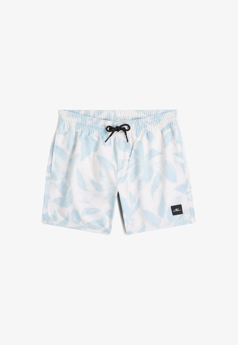 Białe kąpielówki z jasnoniebieskimi wzorami liści, czarnym sznurkiem do wiązania, elastycznym paskiem w talii oraz małą czarną naszywką z logo O'Neill na lewej nogawce.