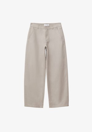 Beige wide-leg trousers with a high waist, featuring side pockets and a smooth cotton blend fabric. No visible patterns or accents.