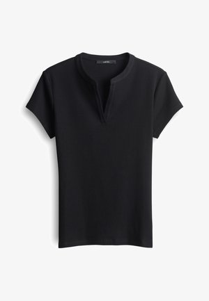 Zwart kort mouwtop van geribbeld materiaal met een henley-halslijn en zonder knopen. De textuur is glad met een getailleerde pasvorm.