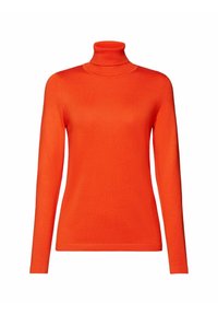 Pull col roulé orange en maille douce, avec manches longues et coupe ajustée. Texture lisse, détails minimalistes.