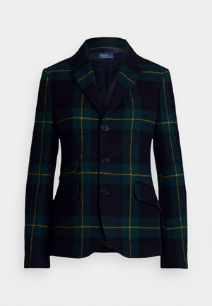 Mørkegrøn og marineblå ternet blazer med gule striber, tre sorte knapper, notch revers og forlommer med klap.